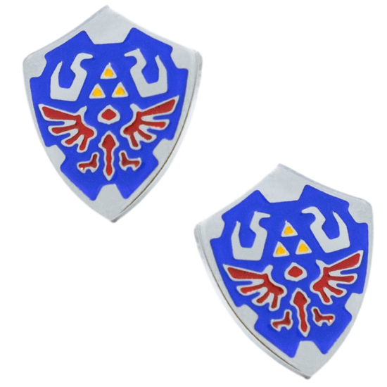 A pair of earrings featuring a crest design from the Legend of Zelda in blue, yellow and red