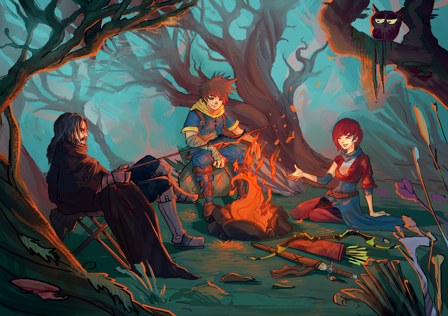 3 fantast characters sitting around a campfire talking. Weapons are spread across the grassy ground, with trees surrounding them
