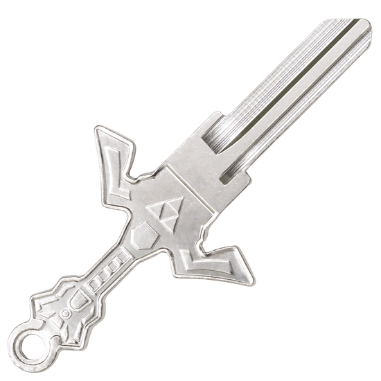 A silver house key featuring a design inspired by the Legend of Zelda