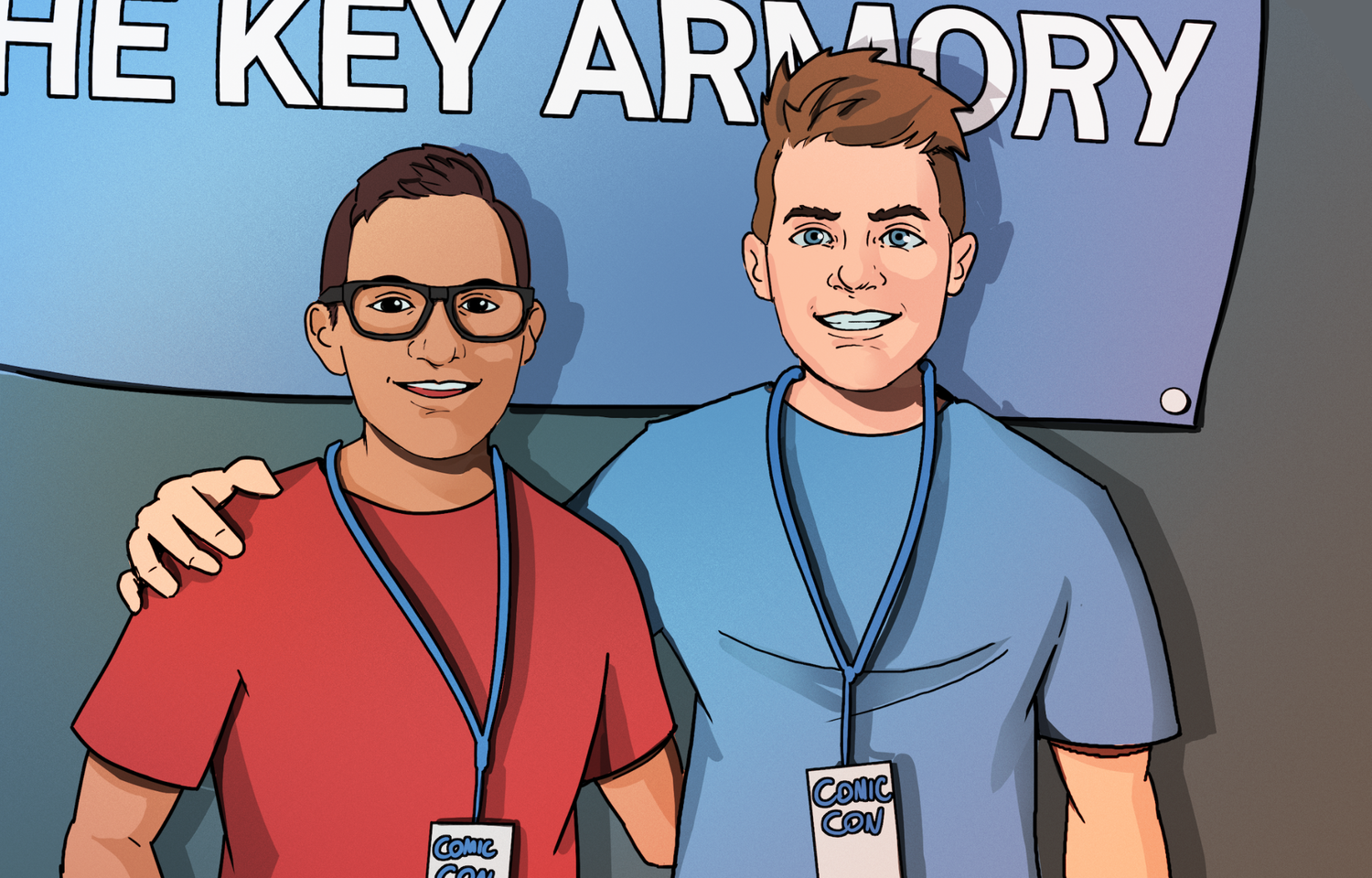 Brian and Rod pose in front of a banner that says, "The Key Armory"