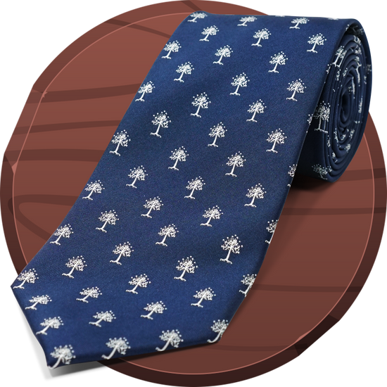 A blue and white tie on a wooden background