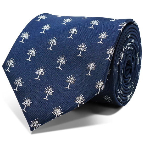 A blue and white tie featuring designs inspired by Lord of the Rings