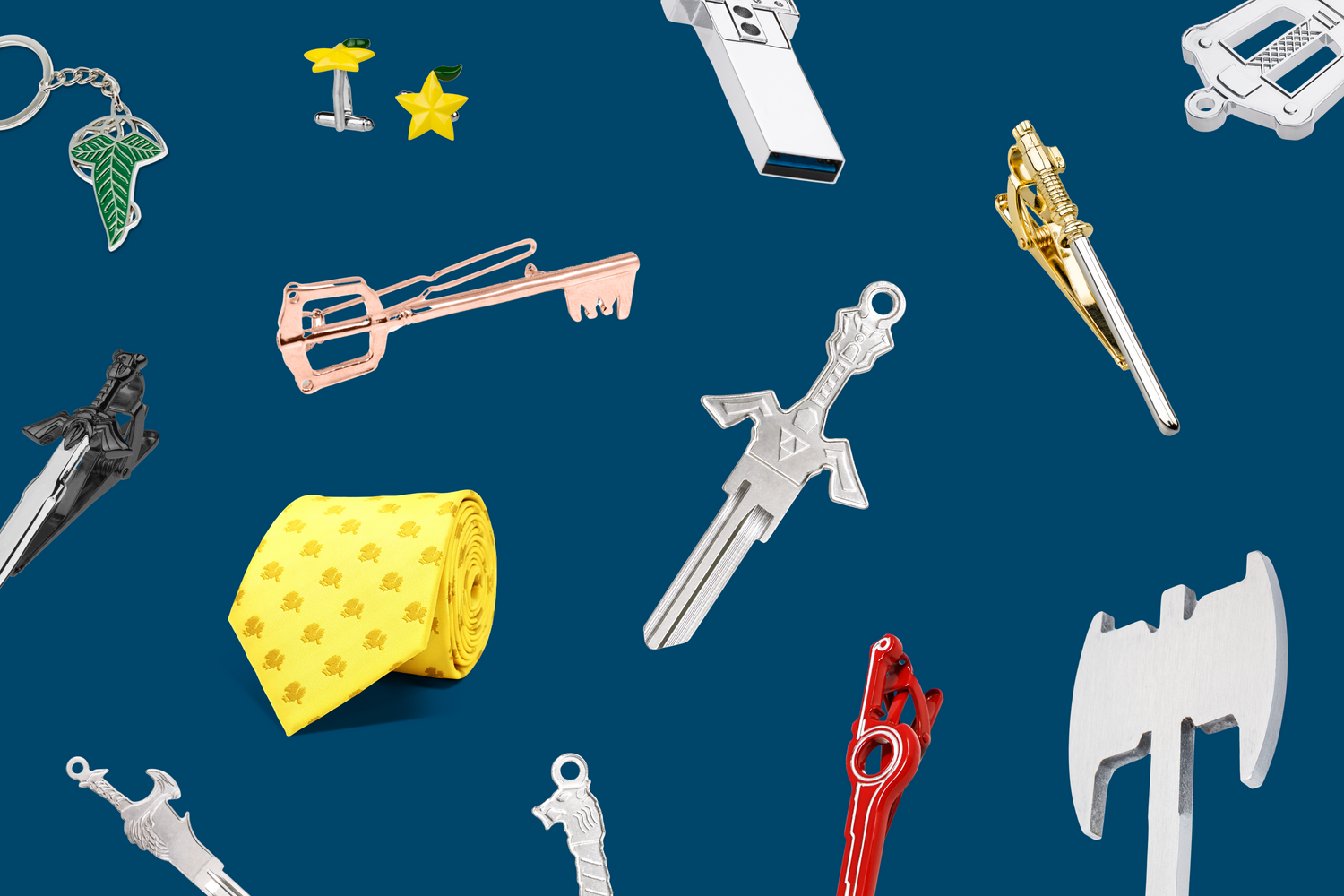 A variety of house keys, tie clips, ties and more on a deep blue background