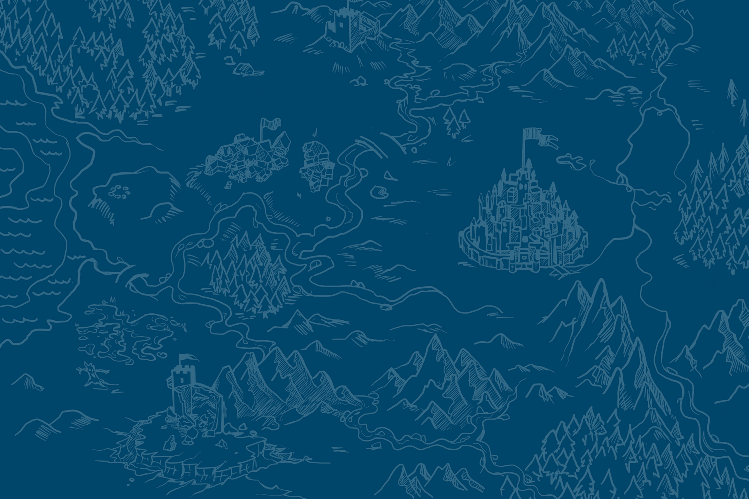 A fantasy hand drawn map in white on a dark blue background