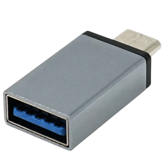 A space gray USB A to USB C adapter