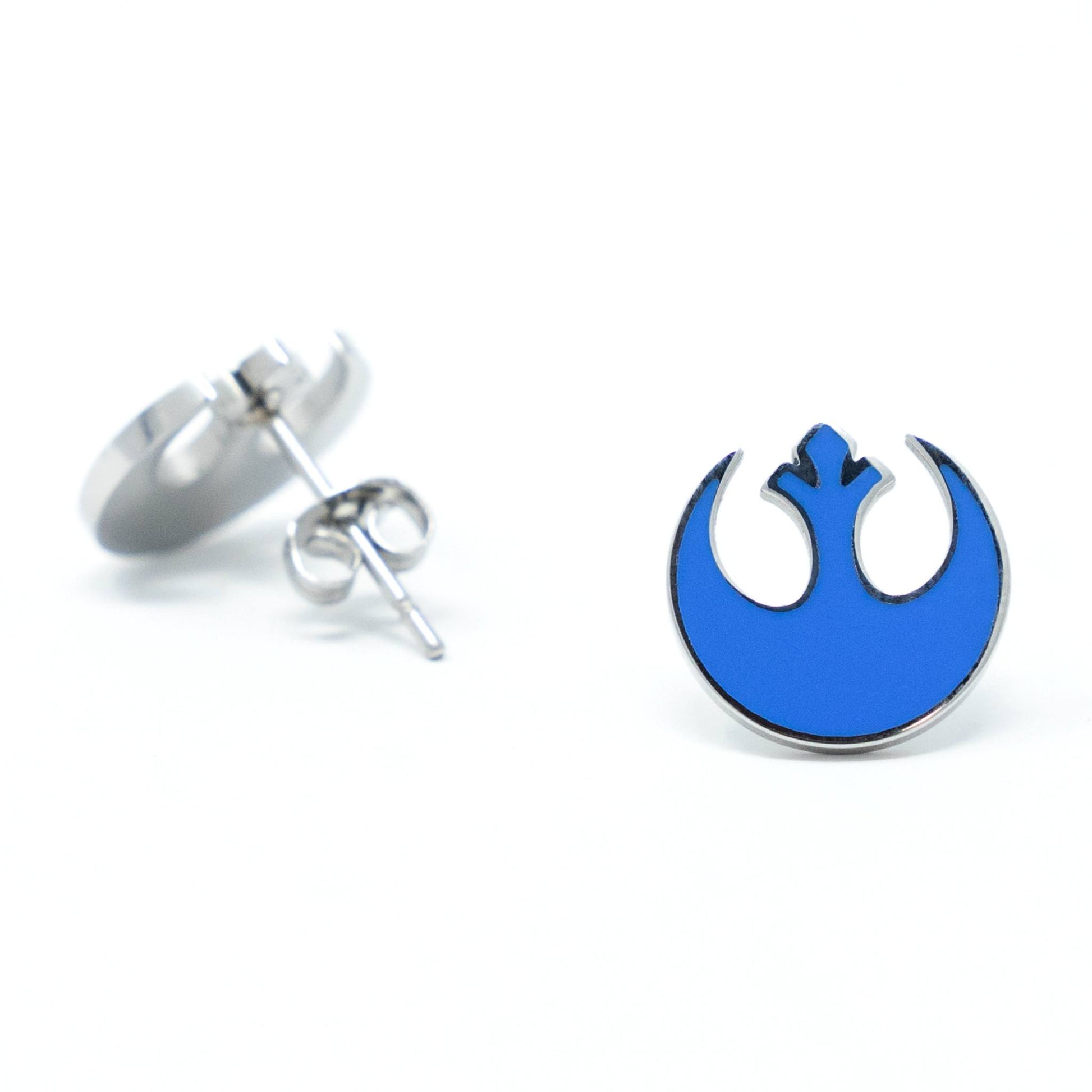 A pair of blue earrings featuring the rebel icon from Star Wars
